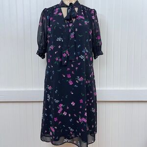 DKNY Dress Cottagecore Dainty Preppy Navy Blue Floral Chiffon Bow Neck Shift 10
